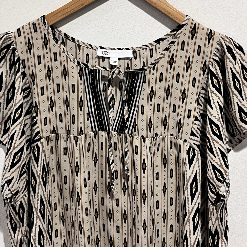 DR2 Boho Women Blouse Large V-neck Tie Flowy Sleeve Tunic Geometric Tribal Brown
